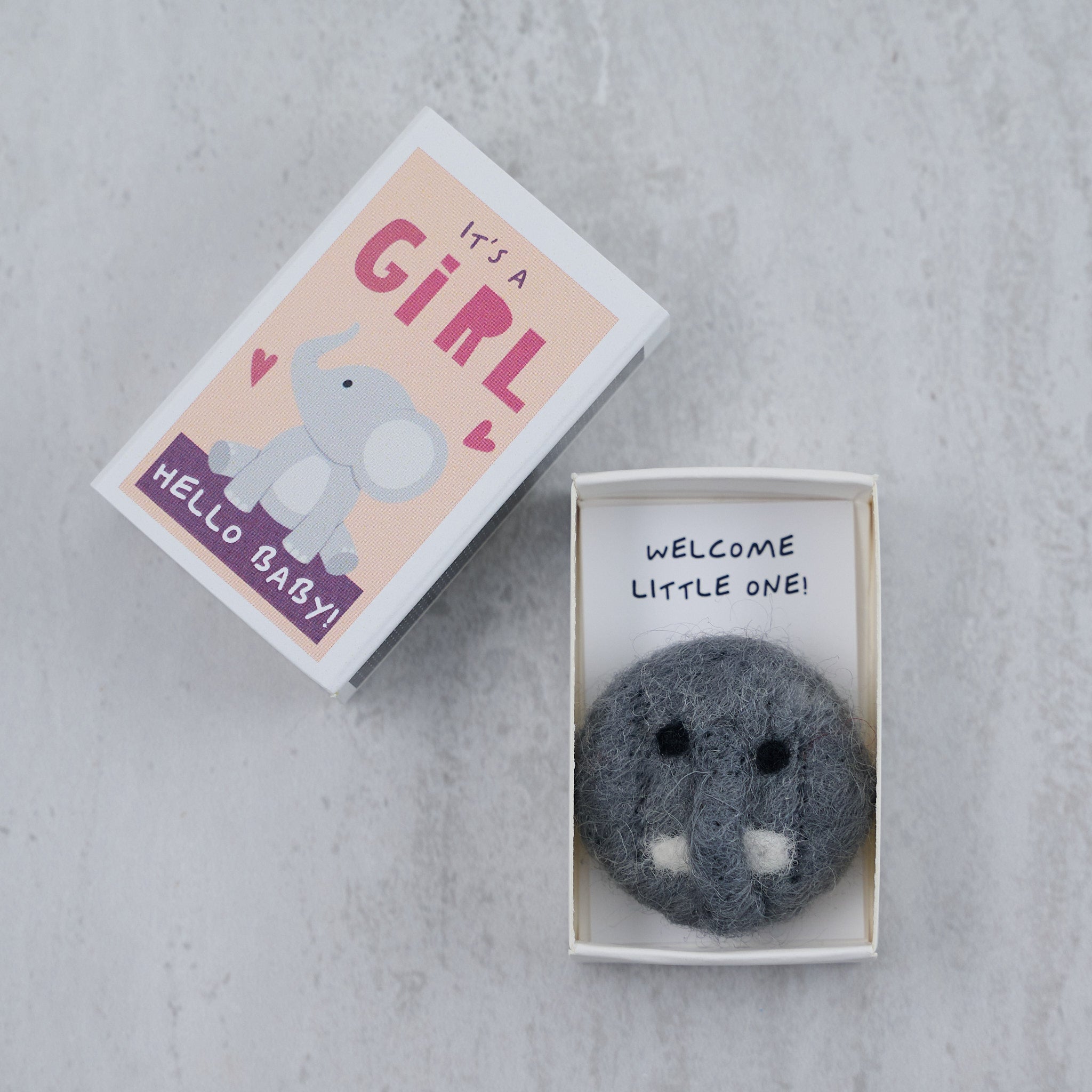 It's A Girl Wool Felt Elephant In A Matchbox