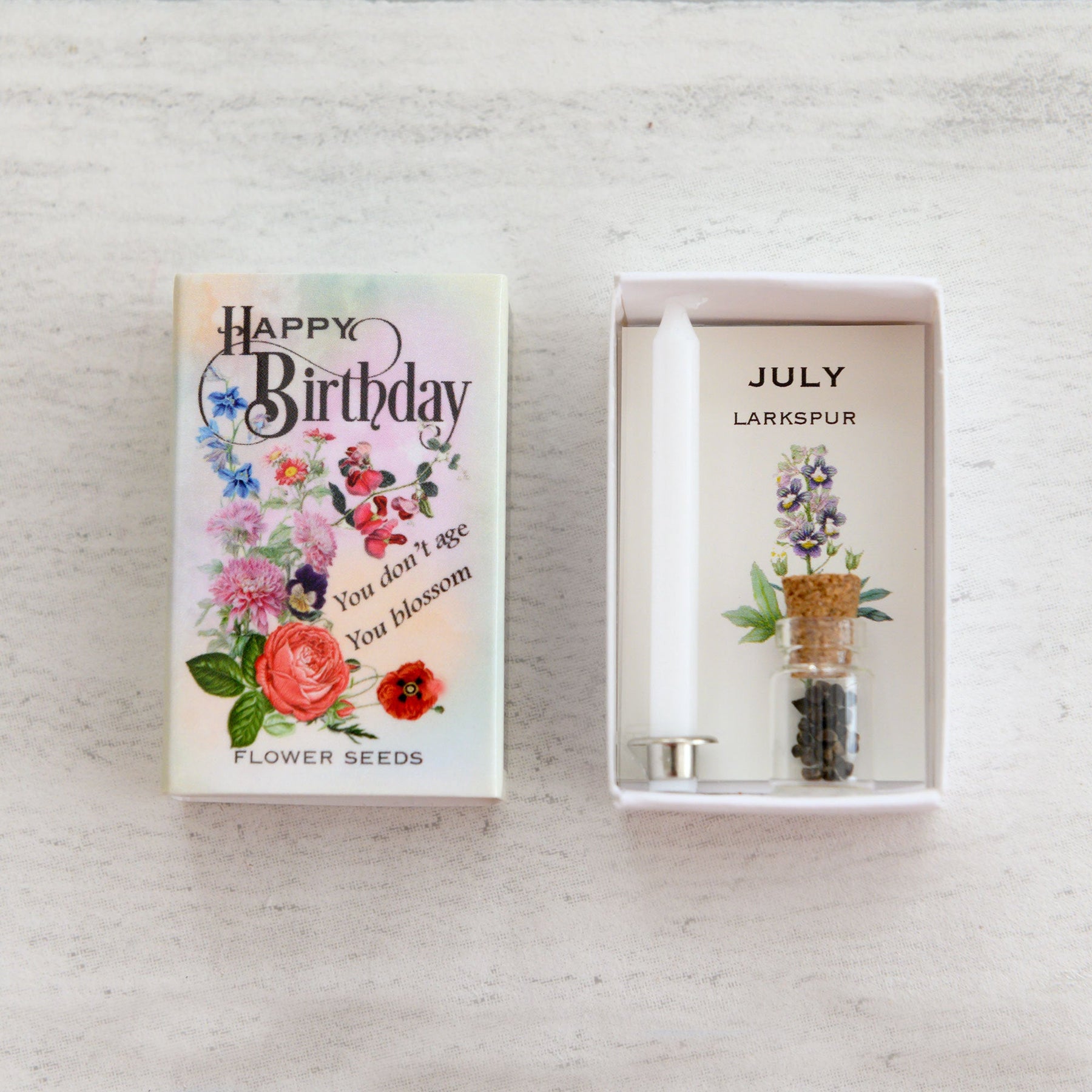 July Birth Flower Larkspur Seeds And Birthday Candle