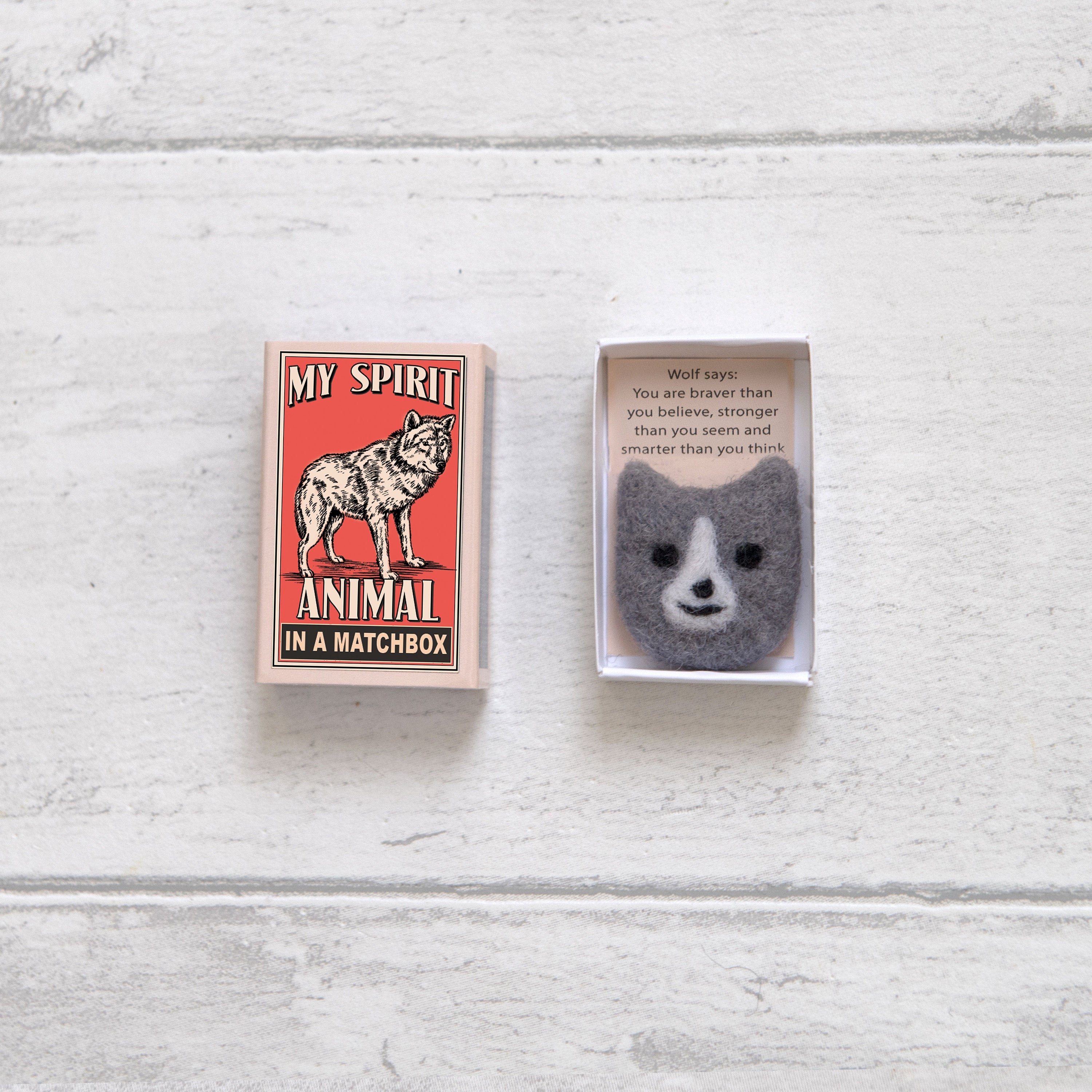 Wool Felt Wolf Spirit Animal Gift In A Matchbox