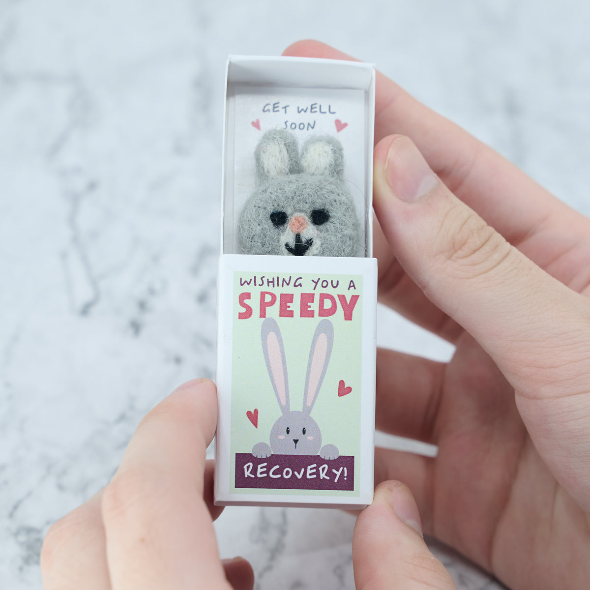 Wishing You a Speedy Recovery Wool Felt Rabbit In A Matchbox