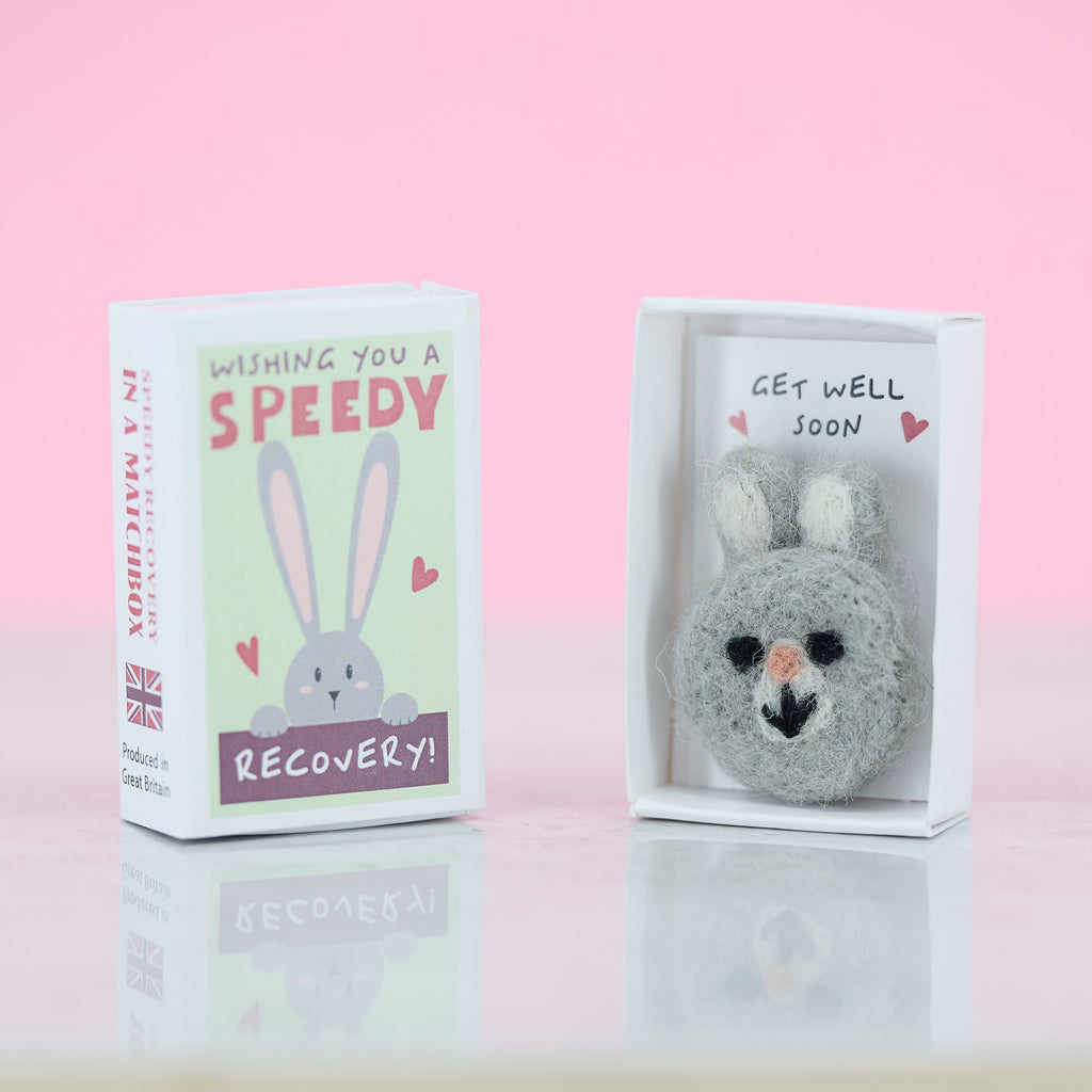 Wishing You a Speedy Recovery Wool Felt Rabbit In A Matchbox