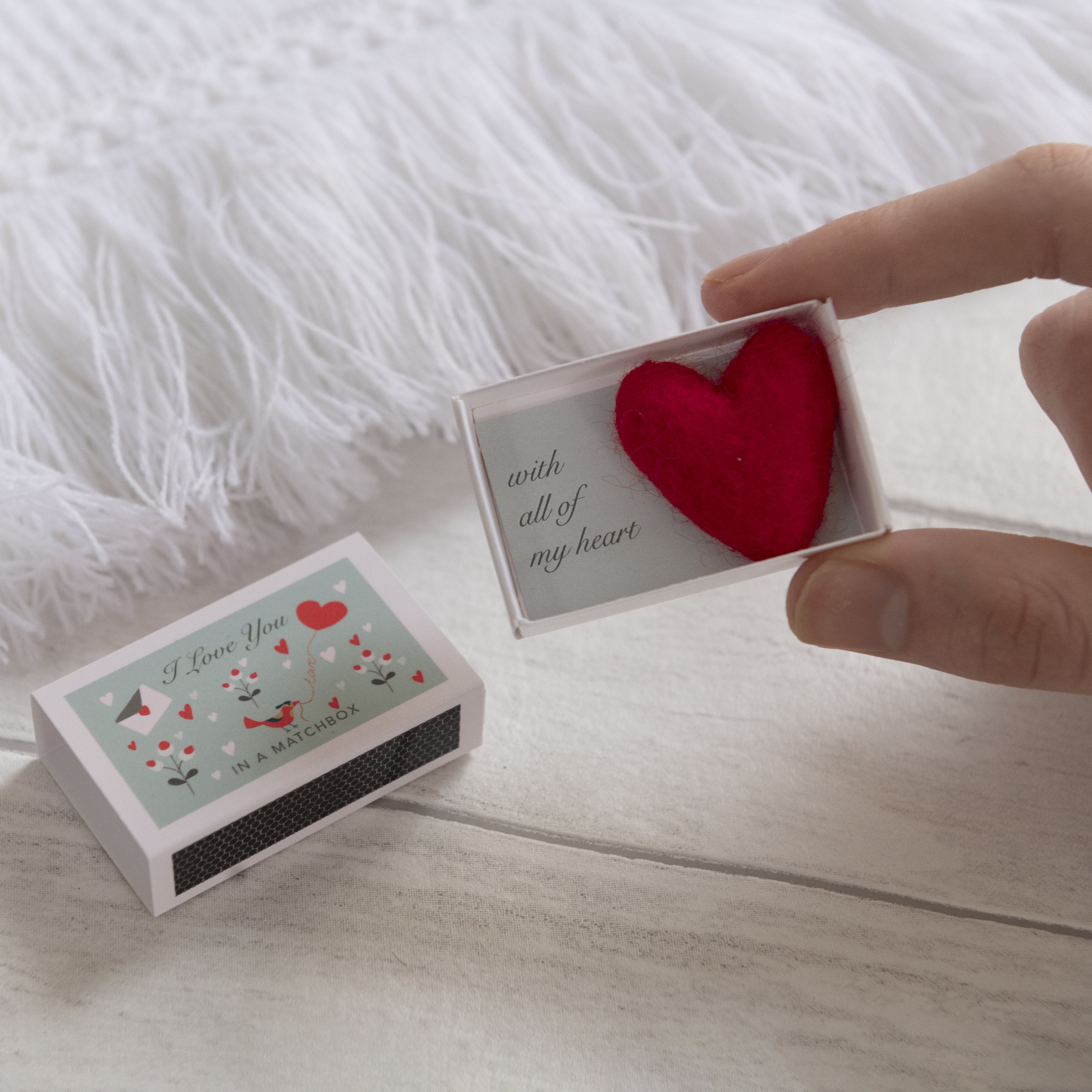 'I Love You' Message And Wool Felt Heart Gift In A Matchbox