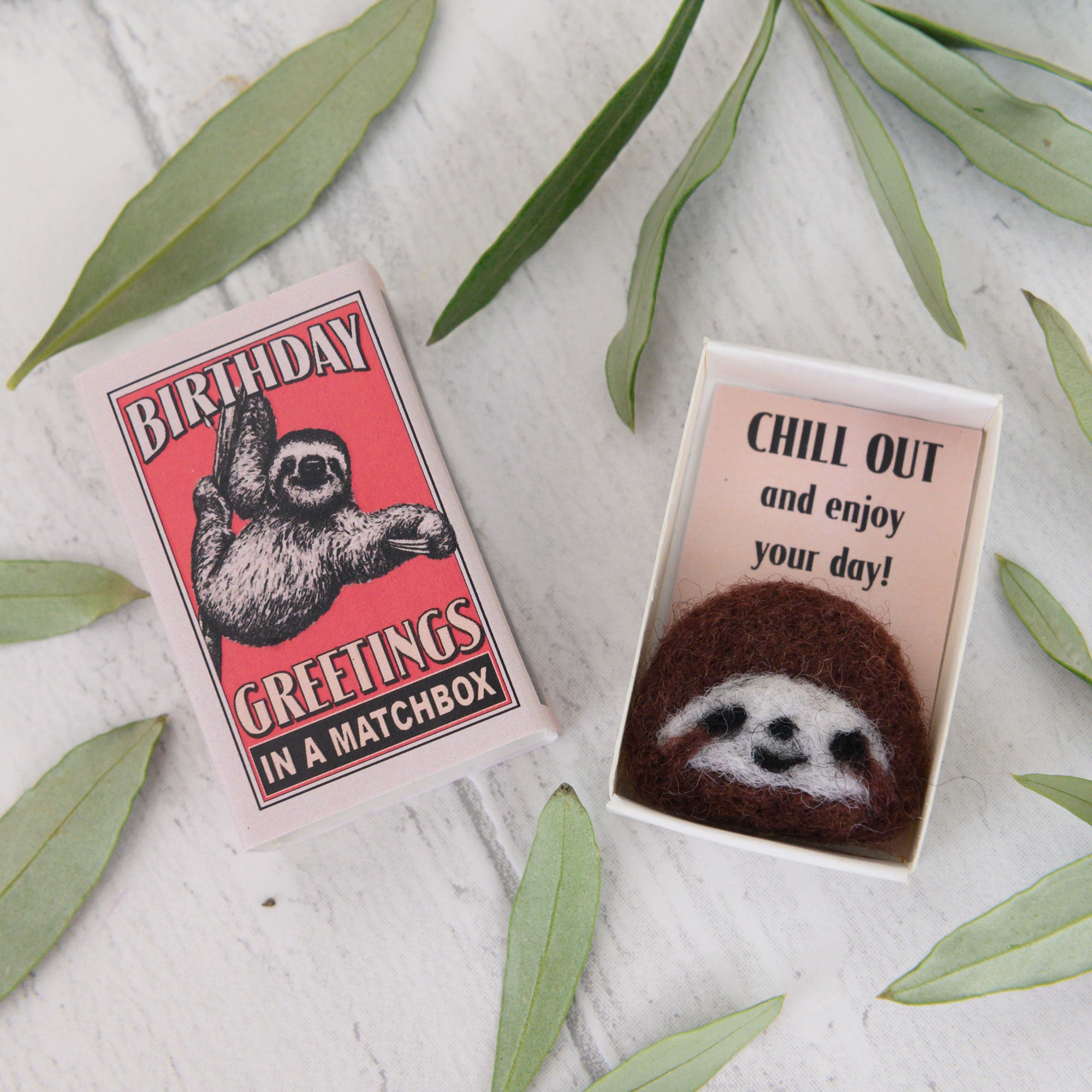 Wool Felt Sloth Birthday Gift in a matchbox