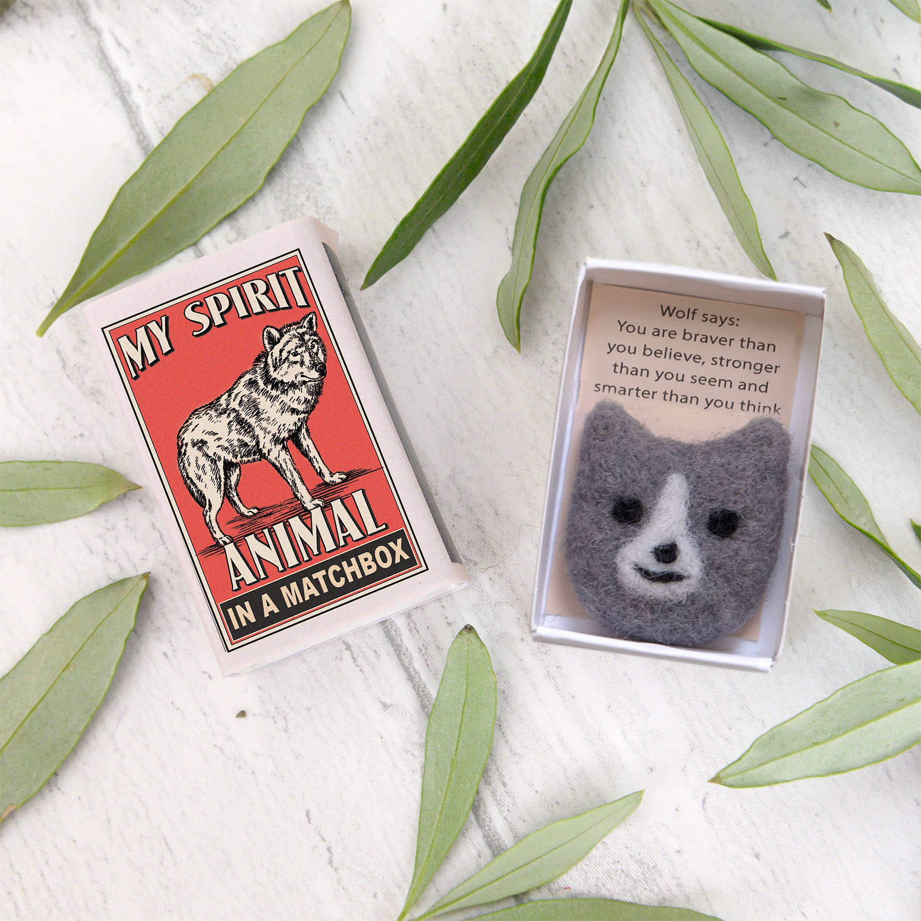 Wool Felt Wolf Spirit Animal Gift In A Matchbox